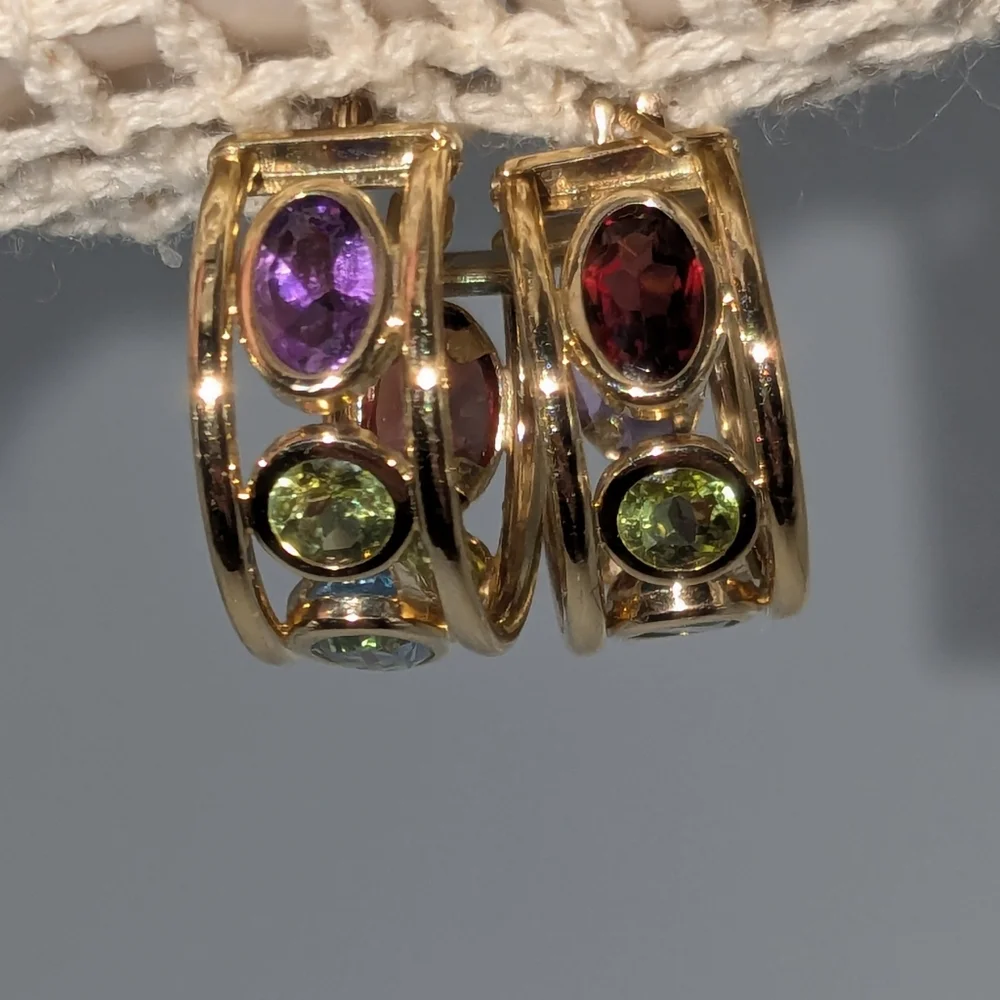 Sold ♥️14k Yellow Gold Amethyst Peridot Blue Topaz Multi-Gemstone Hoop Earrings - Picture 11 of 16